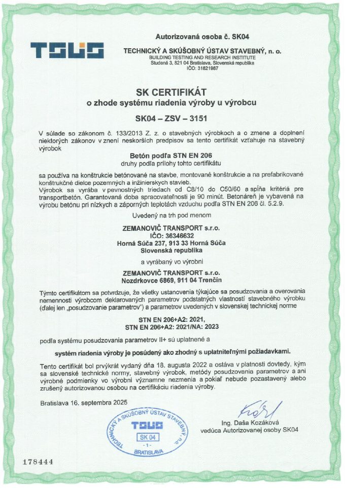SK certifikát o zhode - betón podľa STN EN 206, SK04-ZSV-3151