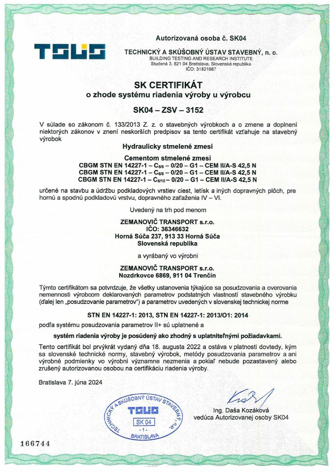 SK certifikát o zhode - cementom stmelené zmesi CBGM, SK04-ZSV-3152