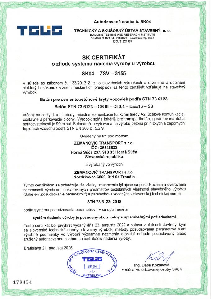 SK certifikát o zhode systému riadenia výroby SK04-ZSV-3155