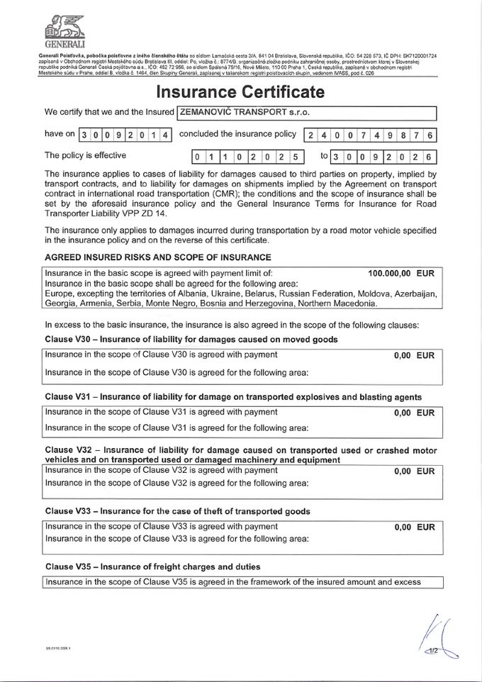 Poistný certifikát zodpovednosti dopravcu CMR, Generali