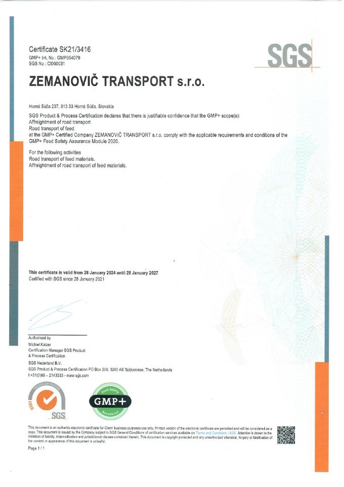 Certifikát GMP+ SK21/3416 vydaný SGS