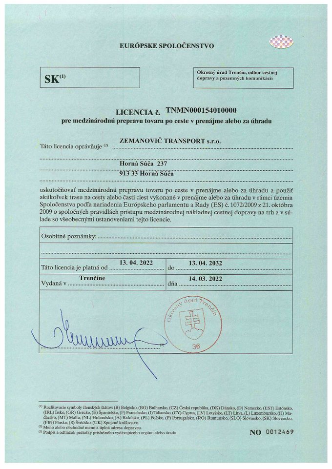Licencia Spoločenstva na medzinárodnú prepravu tovaru TNMN000154010000